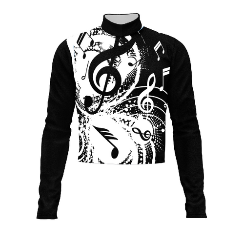 A black and white long-sleeved performance top with a high collar, featuring a geometric pattern of musical notes.