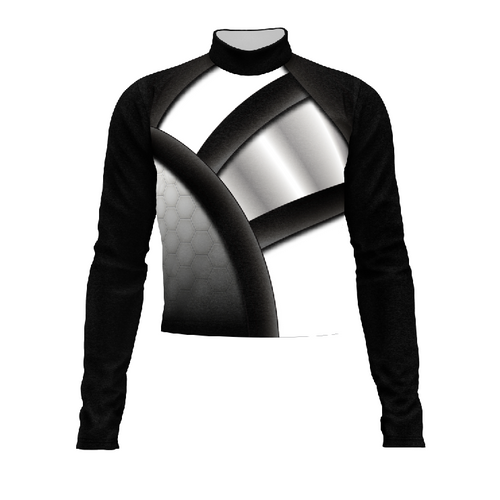 A digital print of a black and white geometric patterned top suitable for band or uniform wear.