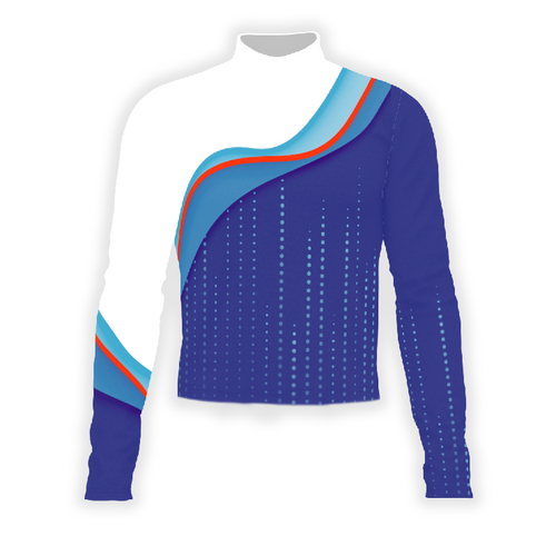 A digital print of a show top with a design that includes blue and white colors with red accents, and a pattern of dots and stripes.