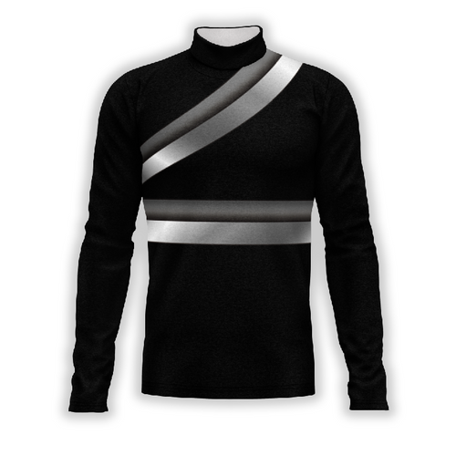 A digital print of a black show top with grey and white horizontal stripes, designed for performance uniforms such as marching bands or percussion groups.