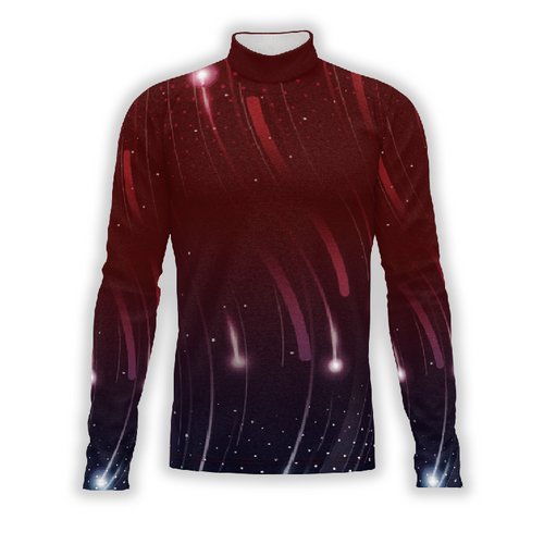 A digital print of a long-sleeved turtleneck top featuring a geometric pattern with red, black, and white colors.