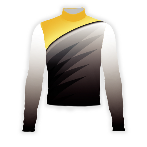 A digital print of a Flow Flex Top G182 with a design that includes a high neck, long sleeves, and a color gradient from yellow to gray with black patterns.