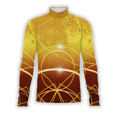 A digital print of a yellow and red geometric patterned top with long sleeves, designed for performance uniforms.