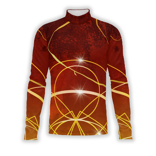 A digital print of a red and gold geometric patterned top designed for band uniforms.