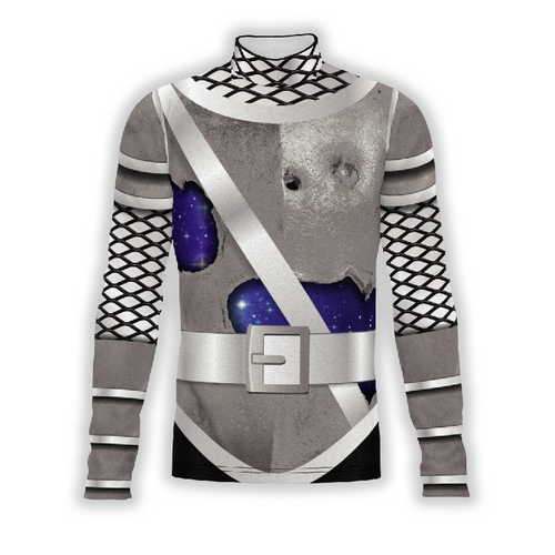 A digital print of a show top with a pattern that includes solid colors and a space-themed graphic, designed for marching bands and percussion uniforms.