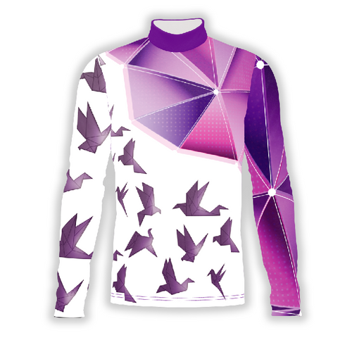 A long-sleeved marching band uniform top with a high neck, featuring a geometric pattern in purple and white colors and bird motifs.