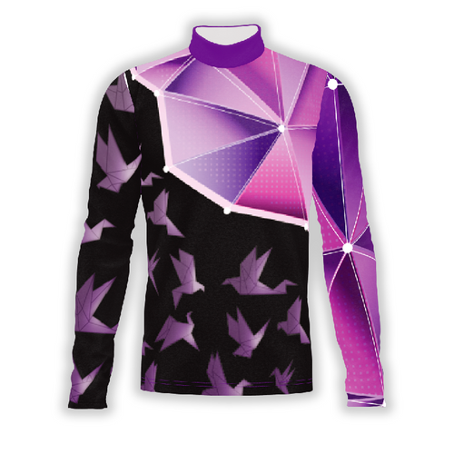 A digital print of a long-sleeved sports top with a geometric pattern in shades of purple and black, designed for performance uniforms.