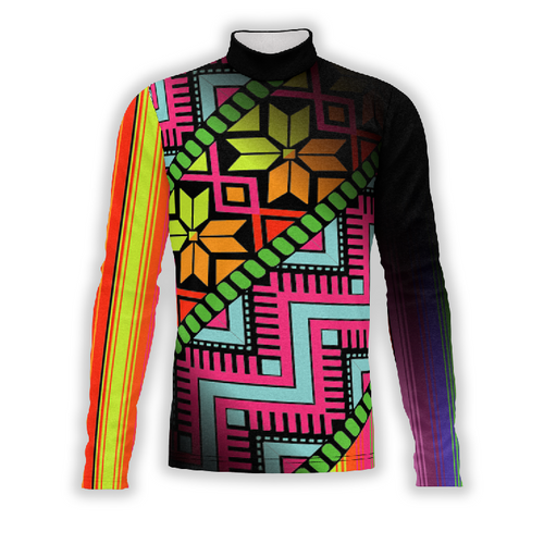 A digital print of a geometric patterned top with long sleeves, predominantly in vibrant colors like pink, yellow, and black.