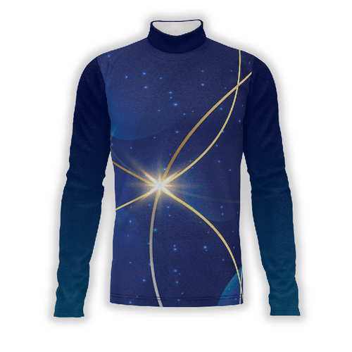 A long-sleeved blue uniform top with a high collar and a geometric pattern design featuring a bright star and lines.