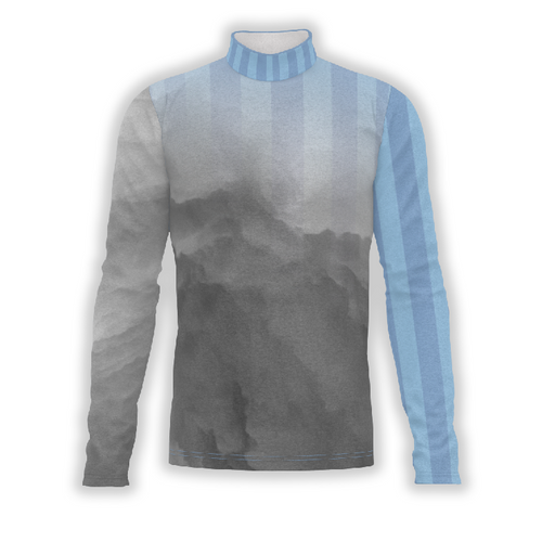 A digital print of a long-sleeved band uniform top with a turtleneck, featuring a gray and blue color pattern.