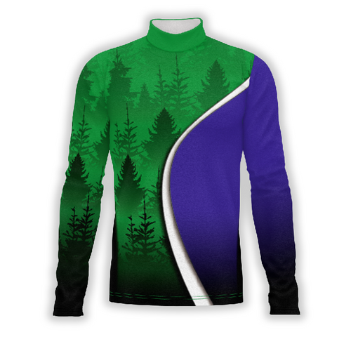A digital print of a performance uniform top with a green forest pattern on the left side and a solid blue panel on the right side, with a white collar and trim.