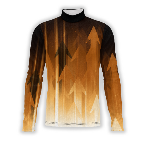A digital print of a turtleneck performance top with a geometric pattern in shades of brown and black.