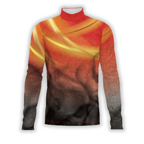 A long-sleeved digital print show top with a turtleneck, featuring a geometric pattern in orange, yellow, and black colors.