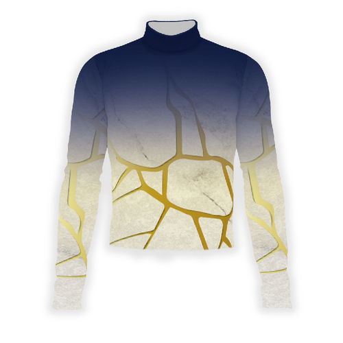 A digital print of a turtleneck performance top with a geometric pattern in blue and gold colors.