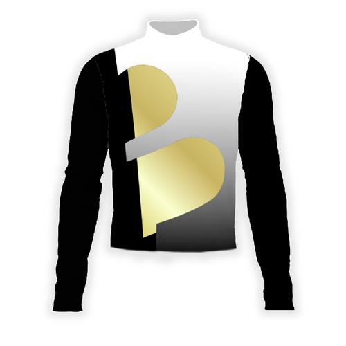 A digital print of a Flow Flex Top G195 featuring a black and white design with gold accents on the sleeves.