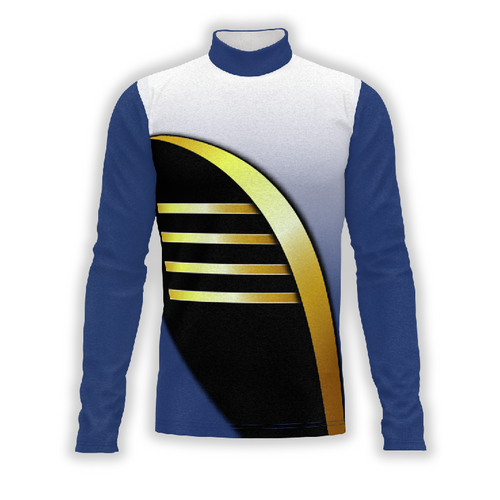 A digital print of a show top with a high collar, featuring a geometric design with gold and white lines on a blue background.