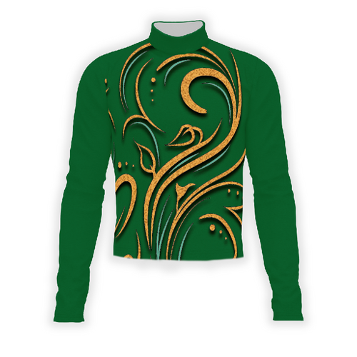 A digital print of a green show top with a geometric pattern in gold and yellow shades.