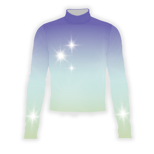 A digital print of a long-sleeved turtleneck shirt with a gradient color transition from blue to green and star motifs on the sleeves.