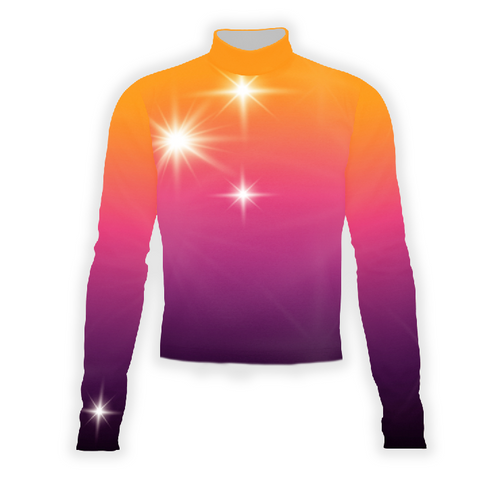 A digital print of a performance uniform top with long sleeves, featuring a gradient of orange to purple colors with a star pattern overlay.