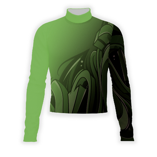 A digital print of a green Flow Flex Top G201 with a pattern that appears to be organic and natural, possibly for use as part of a uniform for indoor or outdoor events.