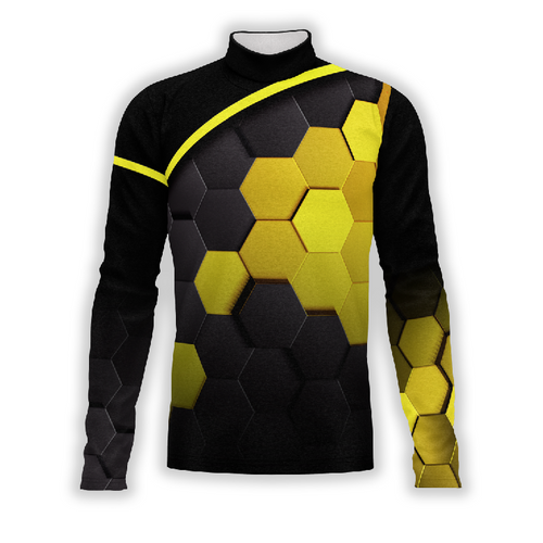 A digital print of a Flow Flex Top G202 featuring a geometric pattern in black, yellow, and gray colors, likely intended for use as a marching band uniform.