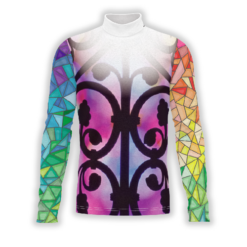 A digital print of a turtleneck marching band uniform featuring a geometric pattern with a mix of pink, purple, and multicolored designs.