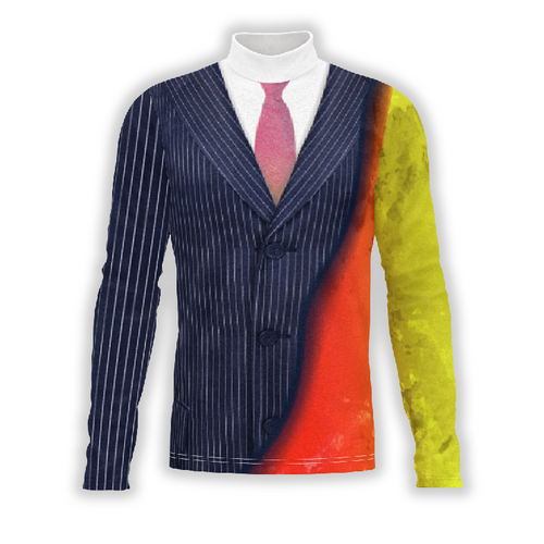A digital print of a show top with a pinstripe pattern on the body and solid red and yellow patterns on the sleeves, designed for indoor uniforms and percussion uniforms.