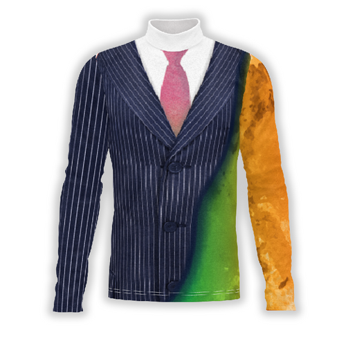 A digital print of a show top with a pinstripe pattern on the body and solid colors on the sleeves, featuring a collar and tie.