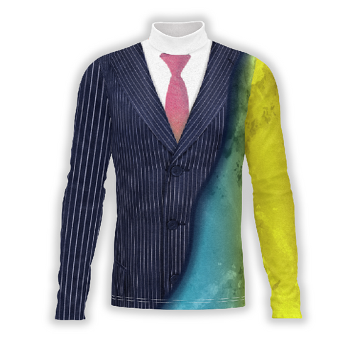 A digital print of a show top with a striped pattern on the upper part and solid yellow color on the lower part, with a necktie and a digital print shako wrap.