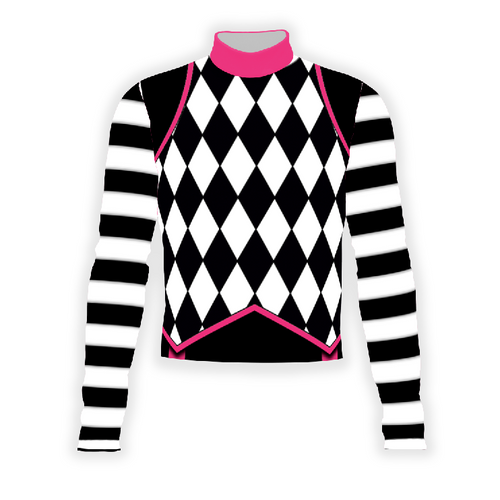 A digital print of a show top with a geometric pattern in black, white, and pink colors, designed for indoor and marching bands.