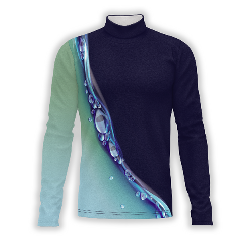 A digital print of a long-sleeved turtleneck performance top with a geometric pattern featuring blue and green colors.