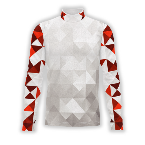 A digital print of a performance uniform top with a geometric pattern in white, red, and gray colors, designed for marching bands and percussion groups.