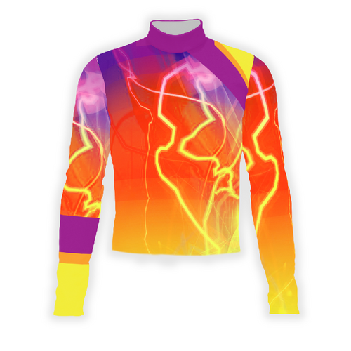 A digital print of a Flow Flex Top G211 with a vibrant multicolored lightning bolt pattern on a black background, designed for indoor and outdoor activities.