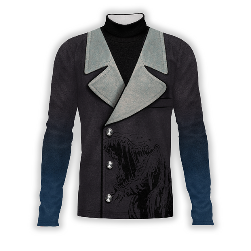 A digital print of a band uniform top with a mix of solid black and grey colors, featuring a button-up front and contrasting fabric details.