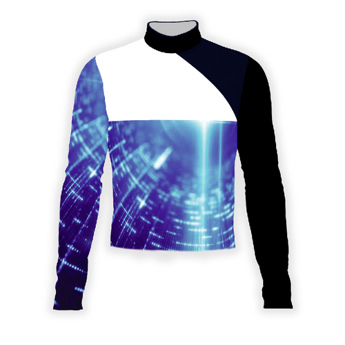 A digital print show top with a geometric pattern in blue and white colors, featuring a mock neckline and long sleeves.