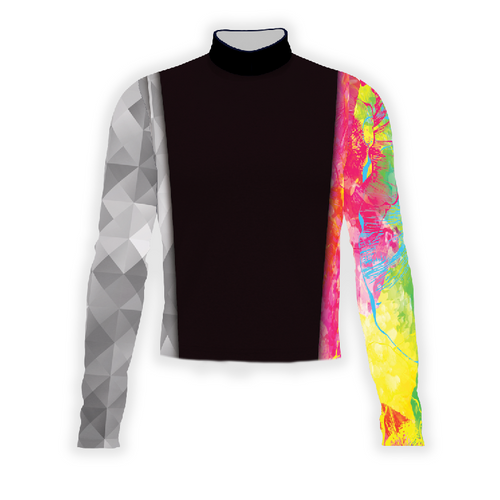 A digital print of a band uniform top with a high neck. The main body is black, with one sleeve featuring a geometric pattern in shades of gray, and the other sleeve in vibrant colors with geometric shapes.