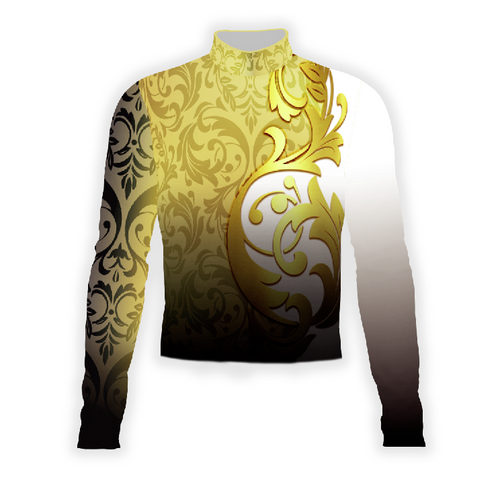A digital print of a show top with a floral pattern in gold and black colors, designed for indoor uniforms, percussion uniforms, drumline uniforms, and custom uniforms.