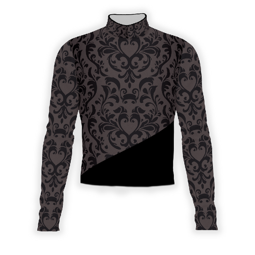 A digital print of a black and gray floral patterned top, likely made from a synthetic fabric, designed for use in indoor or outdoor performances.