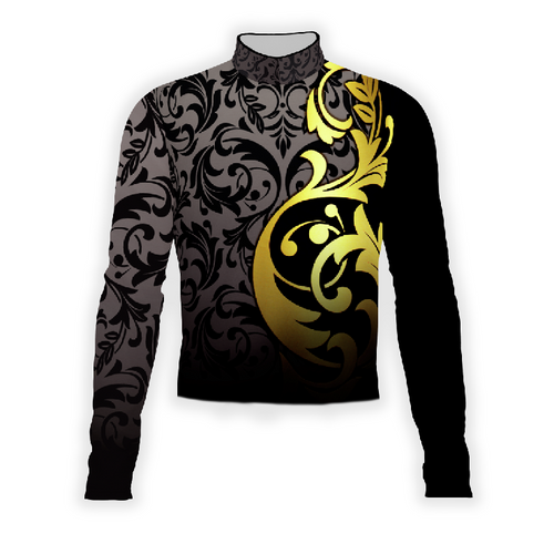A digital print of a Flow Flex Top G217 featuring a black and gold color scheme with a floral pattern on the left side and a solid color on the right.