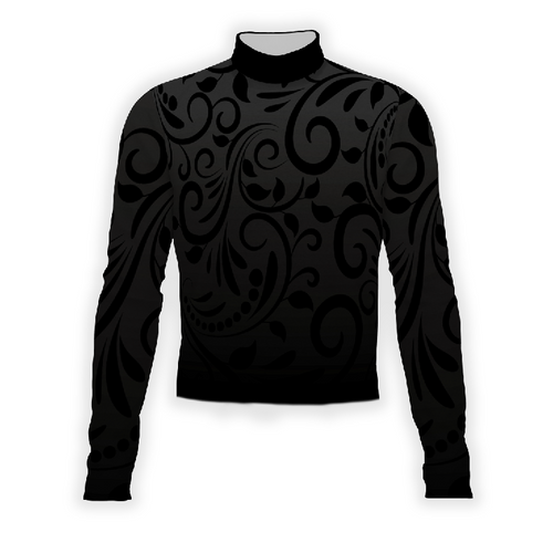 A black turtleneck uniform top with a floral pattern design.
