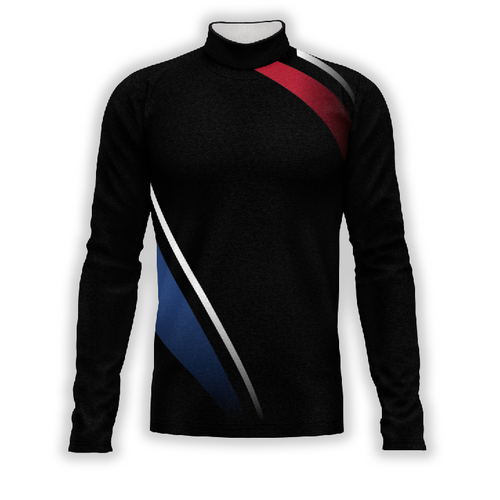 A digital print of a black Flow Flex Top G219 with red, blue, and white geometric patterns on a turtleneck long-sleeved garment.