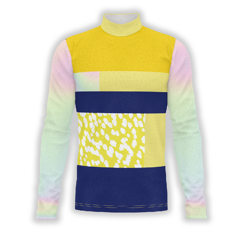A digital print of a Flow Flex Top G220 featuring blocks of solid colors like yellow, blue, and green, with a patterned section resembling a leopard print in the center.