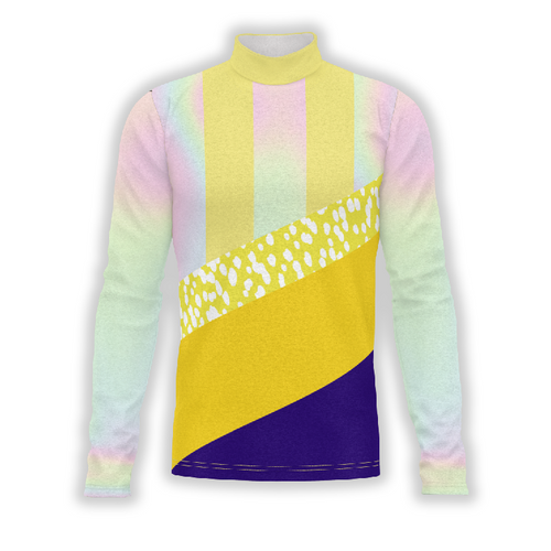 A digital print of a long-sleeved Flow Flex Top G221 with a high neck, featuring a geometric pattern with multiple colors including yellow, purple, and blue.