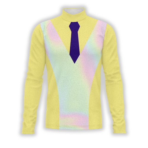 A digital print of a show top with a tie design on a yellow background, part of a marching band uniform collection.