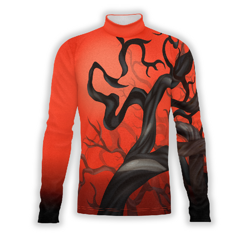 A digital print of a Flow Flex Top G224 with a red background featuring a black, tree-like pattern against a white collar.