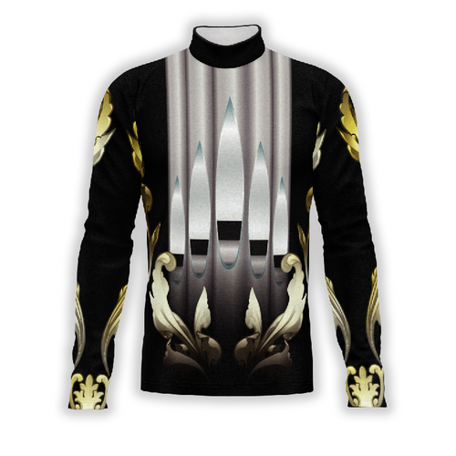 A digital print of a black, white, and gold long-sleeved show top with a high neck, featuring geometric patterns and a digital print waistdrop.