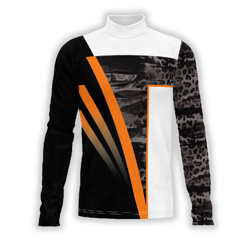 A digital print of a Flow Flex Top G226 featuring a high neck, long sleeves, and a pattern with camouflage and solid color sections in black, white, gray, and orange.