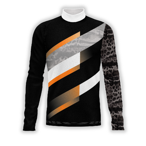 A digital print of a Flow Flex Top G227 featuring geometric patterns in black, white, gray, and orange colors on a fabric mannequin.
