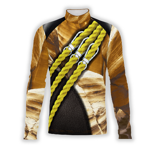 A digital print of a show top with a geometric pattern in gold and black colors, featuring a shako wrap and waistdrop.