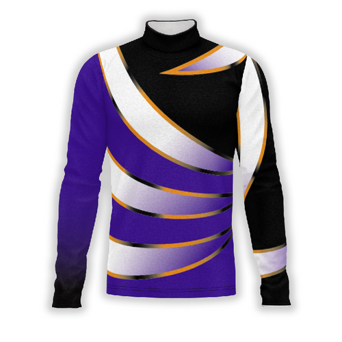 A digital print of a Flow Flex Top G230 featuring a geometric pattern in purple, black, and white colors with a high collar.